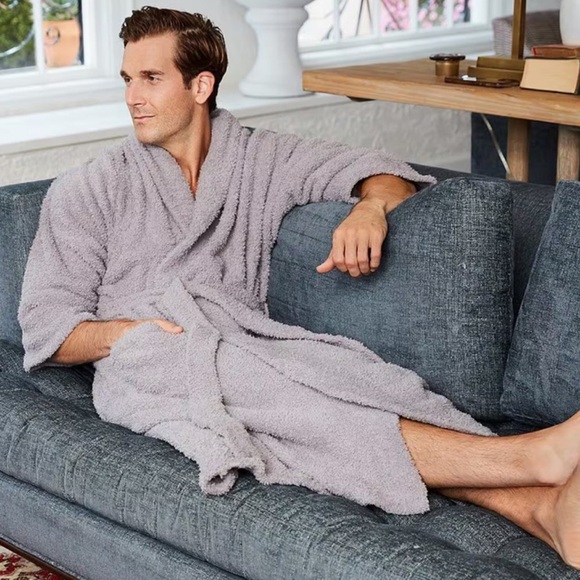 Barefoot Dreams Unisex Cozychic Robe Size 2 Gray Pockets Collar Cozy Loungewear - Picture 10 of 16